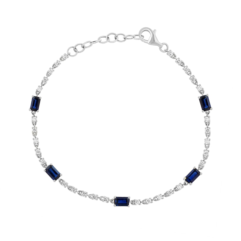 EFFY™ Collection Emerald-Cut Blue Sapphire and 0.50 CT. T.W. Diamond Station Bracelet in 14K White Gold - 7"