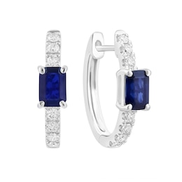 EFFY™ Collection Emerald-Cut Blue Sapphire and 0.30 CT. T.W. Diamond Hoop Earrings in 14K White Gold