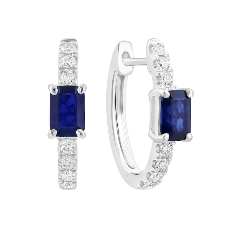 EFFY™ Collection Emerald-Cut Blue Sapphire and 0.30 CT. T.W. Diamond Hoop Earrings in 14K White Gold