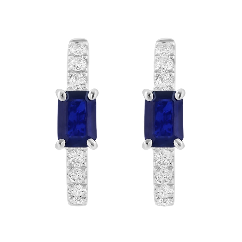 EFFY™ Collection Emerald-Cut Blue Sapphire and 0.30 CT. T.W. Diamond Hoop Earrings in 14K White Gold