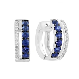 EFFY™ Collection Blue Sapphire and 0.05 CT. T.W. Diamond Hoop Earrings in 14K White Gold