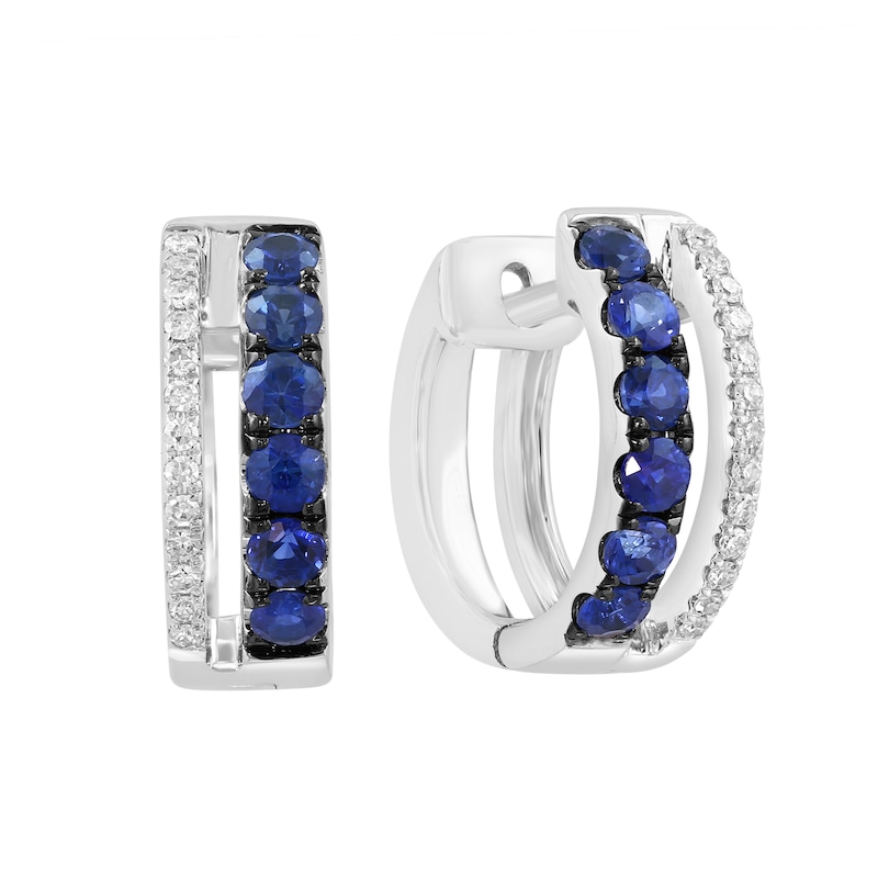 EFFY™ Collection Blue Sapphire and 0.05 CT. T.W. Diamond Hoop Earrings in 14K White Gold