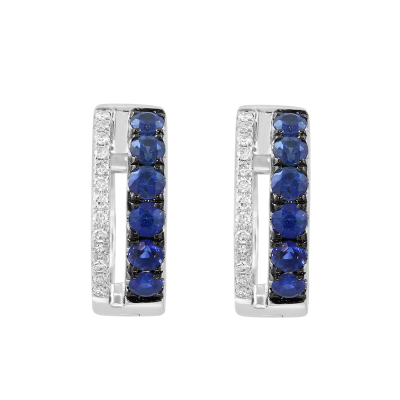 EFFY™ Collection Blue Sapphire and 0.05 CT. T.W. Diamond Hoop Earrings in 14K White Gold