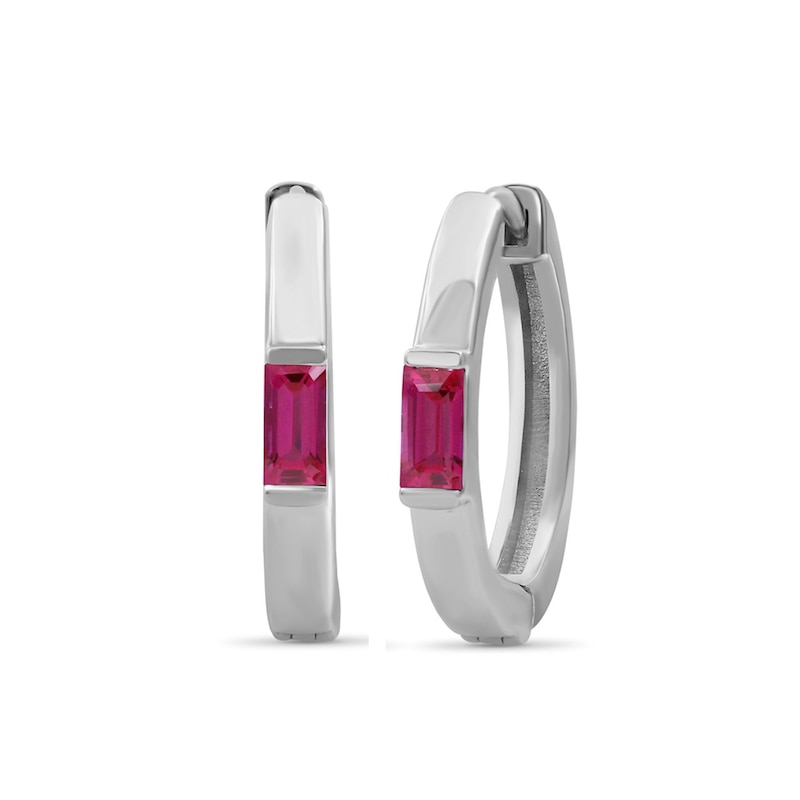Baguette-Cut Lab-Created Ruby Hoop Earrings in Sterling Silver