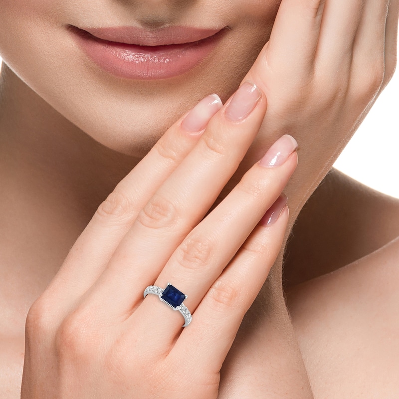 EFFY™ Collection Emerald-Cut Blue Sapphire and 0.30 CT. T.W. Diamond Ring 14K White Gold