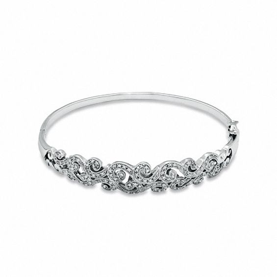 Previously Owned - 0.33 CT. T.W. Diamond Vintage-Inspired Swirl Bangle in Sterling Silver