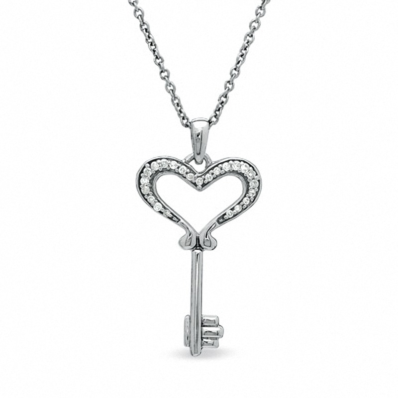 Previously Owned - 0.05 CT. T.W. Diamond Small Heart Key Pendant in Sterling Silver