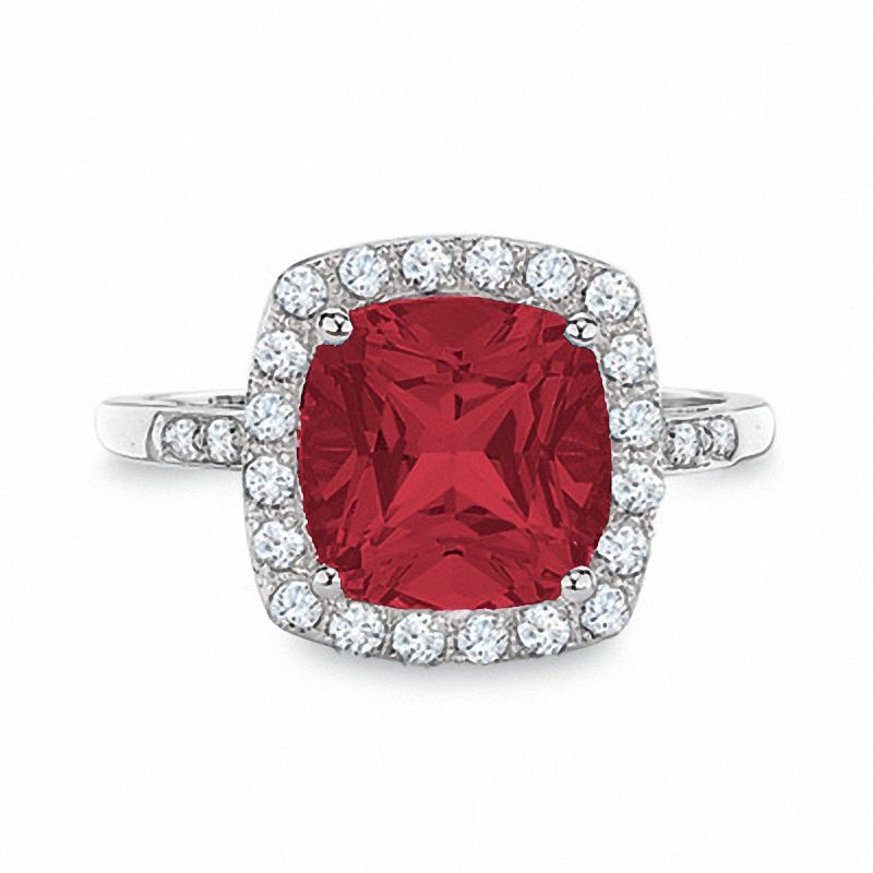 Previously Owned - Cushion-Cut Lab-Created Ruby and White Sapphire Ring in 10K White Gold