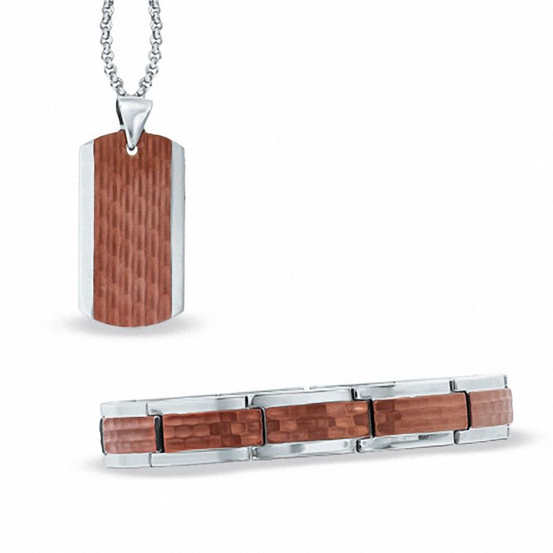 Previously Owned - Men's Dog Tag Necklace and Bracelet Set in Two-Tone Stainless Steel