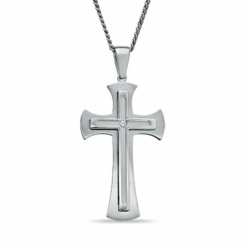 Main Image 1 of Previously Owned - Men's Diamond Accent Cross Pendant in Stainless Steel - 24&quot;