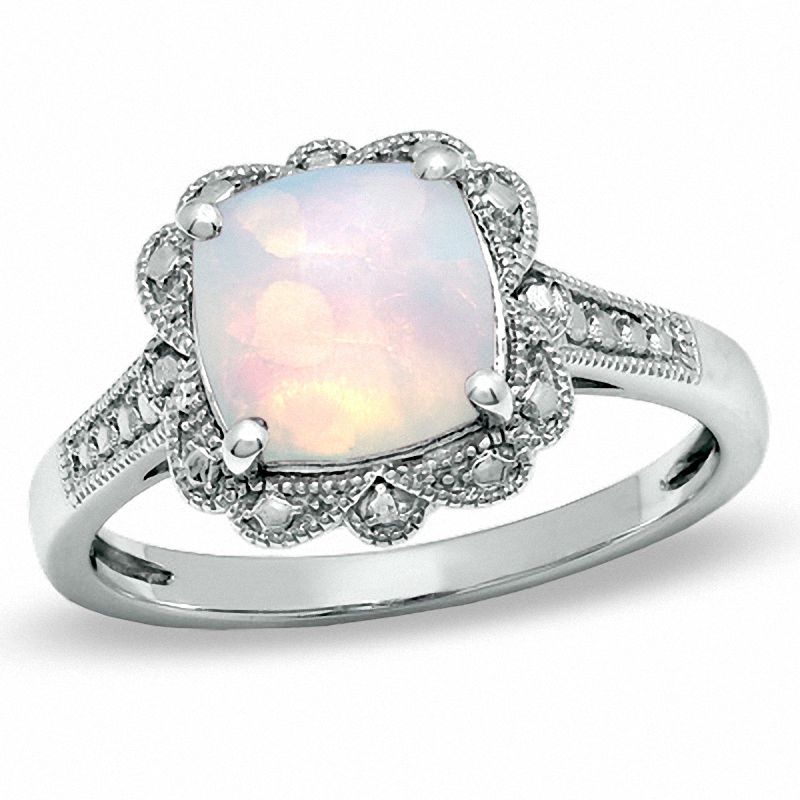 Previously Owned - 8.0mm Cushion-Cut Lab-Created Opal Vintage-Style Ring in Sterling Silver