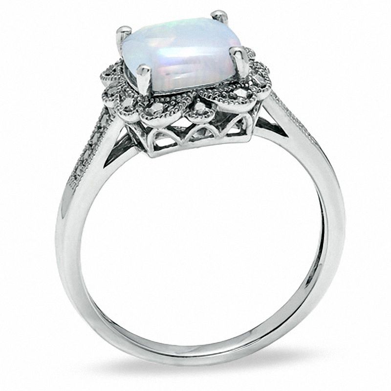 Main Image 2 of Previously Owned - 8.0mm Cushion-Cut Lab-Created Opal Vintage-Style Ring in Sterling Silver