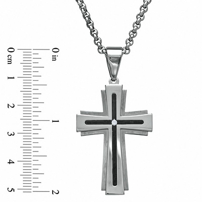 Previously Owned - Men's Diamond Accent Cross Pendant in Stainless Steel with Black Inlay - 24"|Peoples Jewellers