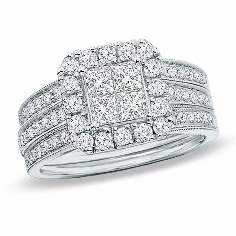 Previously Owned - 1.50 CT. T.W. Quad Princess-Cut Diamond Framed Bridal Set in 14K White Gold