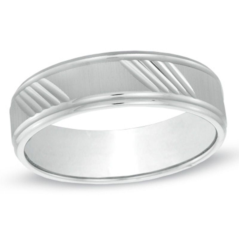 Previously Owned - Men's 6.0mm Diagonal Lines Wedding Band in 10K White Gold