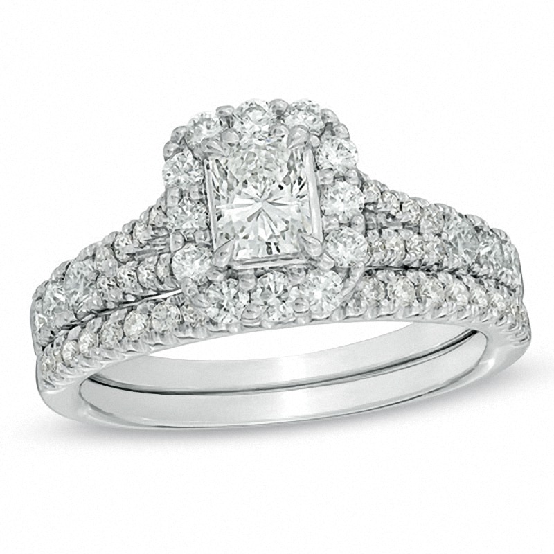 Previously Owned - 1.50 CT. T.W. Radiant-Cut Diamond Frame Bridal Set in 14K White Gold (I/I1)
