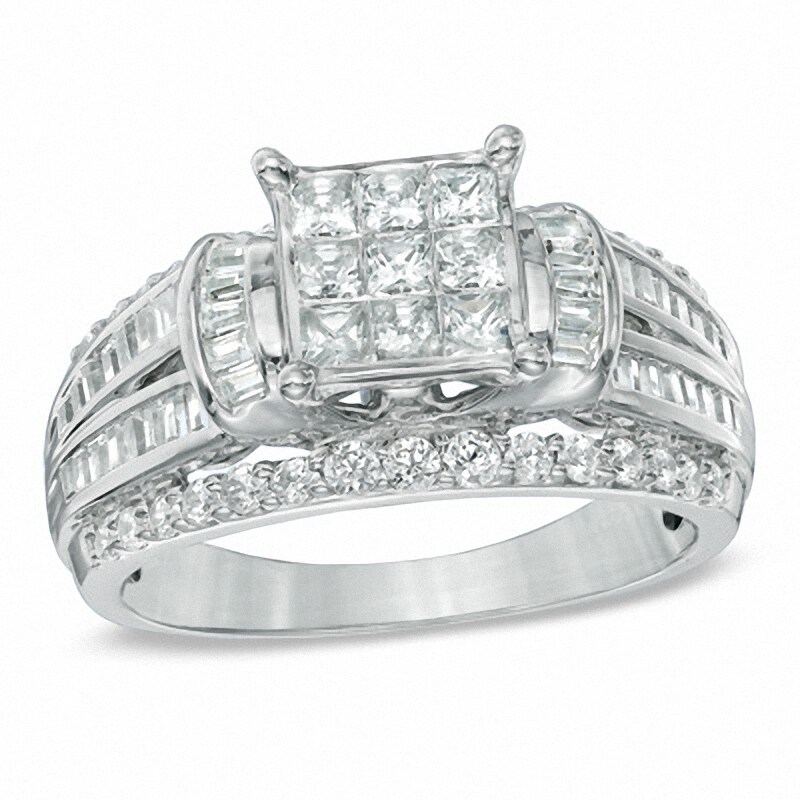 Previously Owned - 1.25 CT. T.W. Princess-Cut Composite Diamond Collar Engagement Ring 10K White Gold