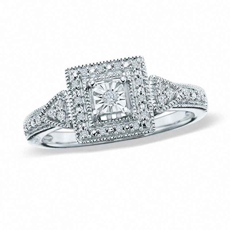 Main Image 1 of Previously Owned - 0.11 CT. T.W. Diamond Square Frame Ring in Sterling Silver