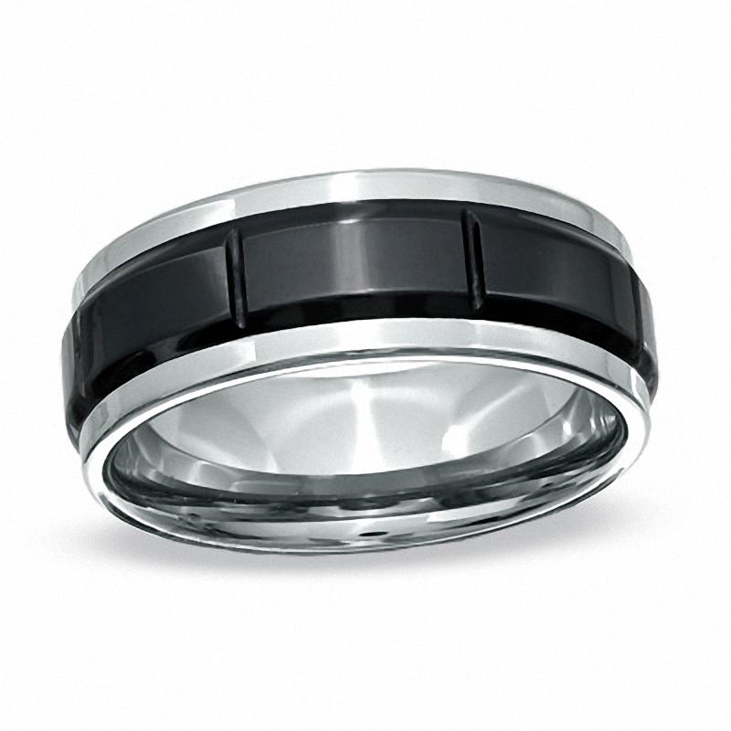Previously Owned - Triton 8.0mm Comfort Fit Panel Wedding Band in Tungsten Carbide and Ceramic