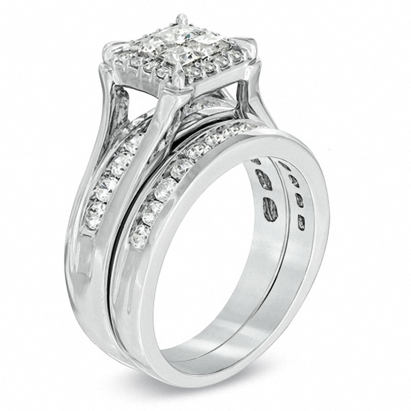 Previously Owned - 1.50 CT. T.W. Princess-Cut Quad Diamond Frame Bridal Set in 14K White Gold