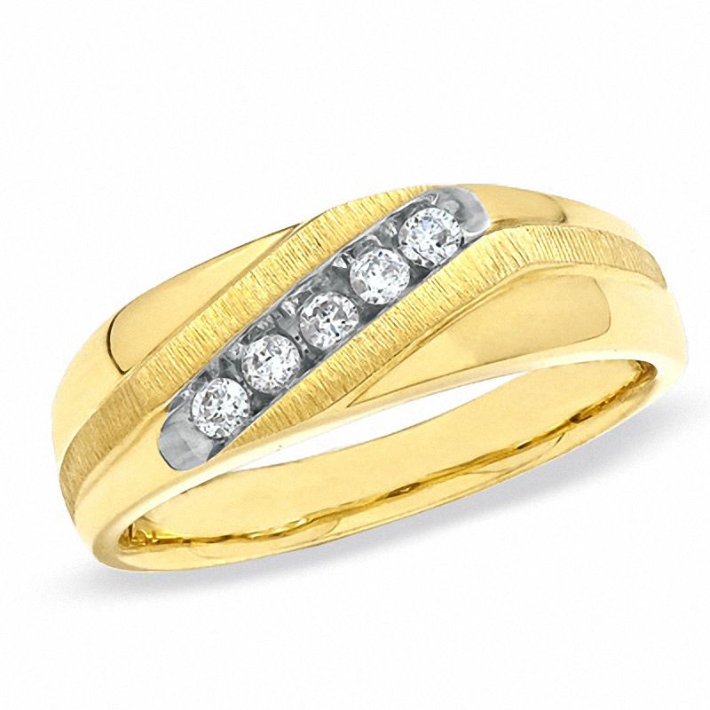 Previously Owned - Men's 0.20 CT. T.W. Diamond Five Stone Slant Luxury Fit Wedding Band in 10K Gold