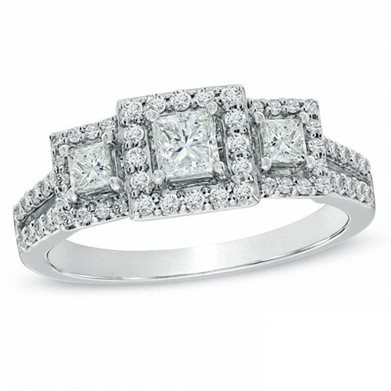 Previously Owned - 0.95 CT. T.W. Princess-Cut Diamond Past Present Future® Split Shank Engagement Ring in 14K White Gold