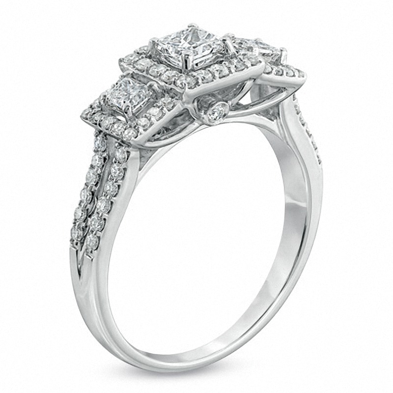 Previously Owned - 0.95 CT. T.W. Princess-Cut Diamond Past Present Future® Split Shank Engagement Ring in 14K White Gold
