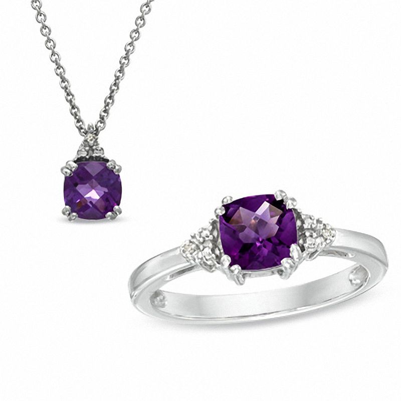 Previously Owned - 6.0mm Cushion-Cut Amethyst and Diamond Accent Pendant and Ring Set in Sterling Silver