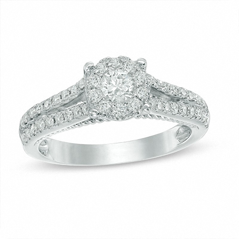 Previously Owned - 0.75 CT. T.W. Diamond Frame Split Shank Engagement Ring in 14K White Gold