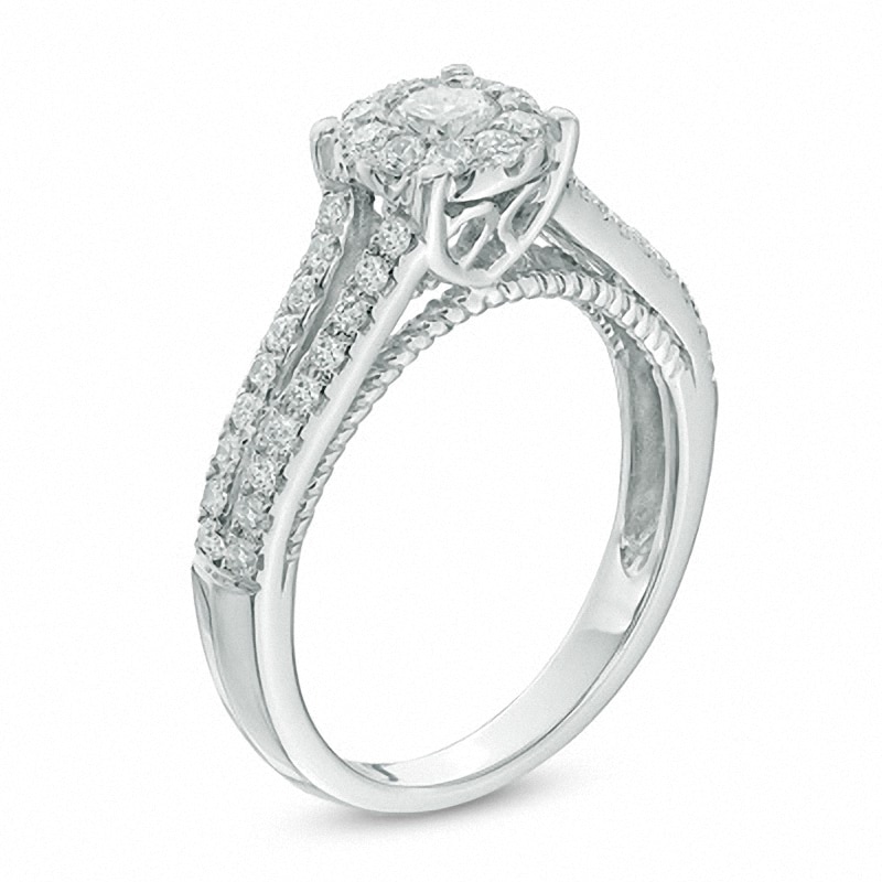 Previously Owned - 0.75 CT. T.W. Diamond Frame Split Shank Engagement Ring in 14K White Gold