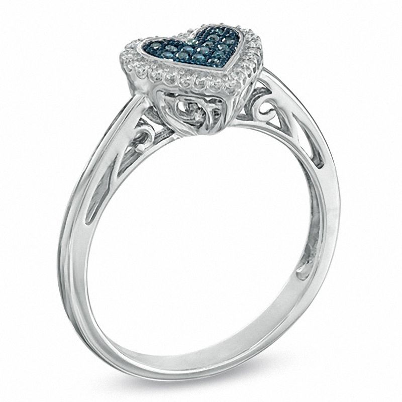 Main Image 2 of Previously Owned - 0.13 CT. T.W. Enhanced Blue and White Diamond Frame Heart-Shaped Ring in Sterling Silver