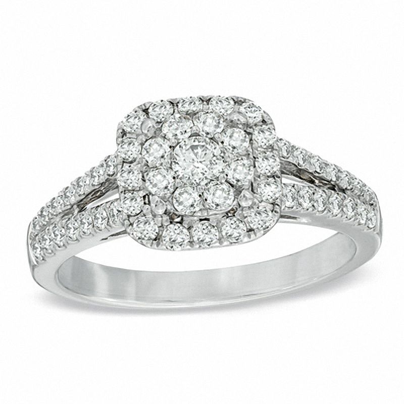 Previously Owned - 0.70 CT. T.W. Diamond Cluster Split Shank Engagement Ring in 14K White Gold