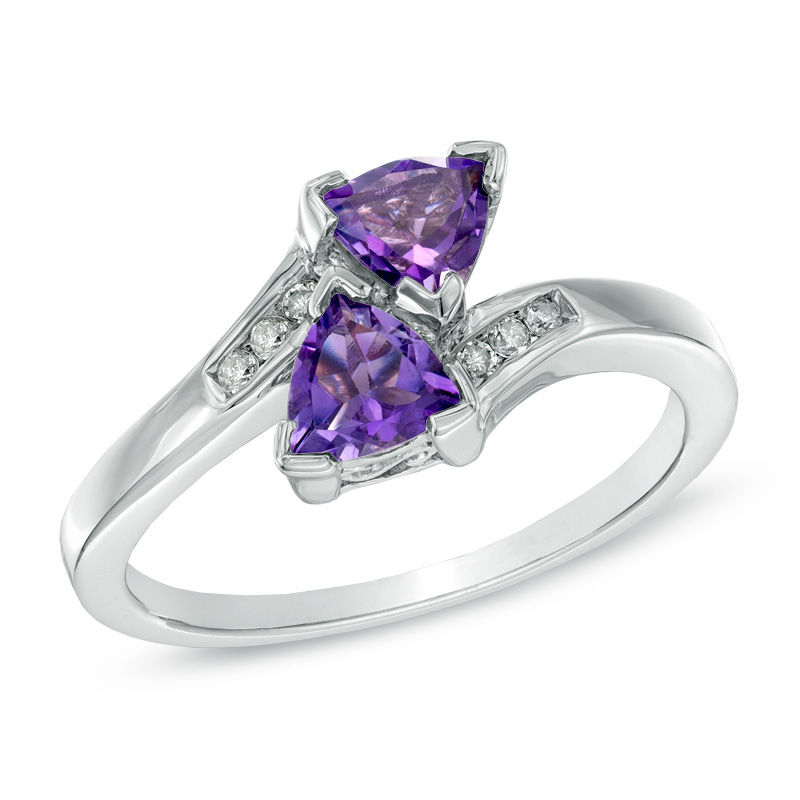 Previously Owned - 5.0mm Trillion-Cut Amethyst and 0.04 CT. T.W. Diamond Bypass Ring in Sterling Silver