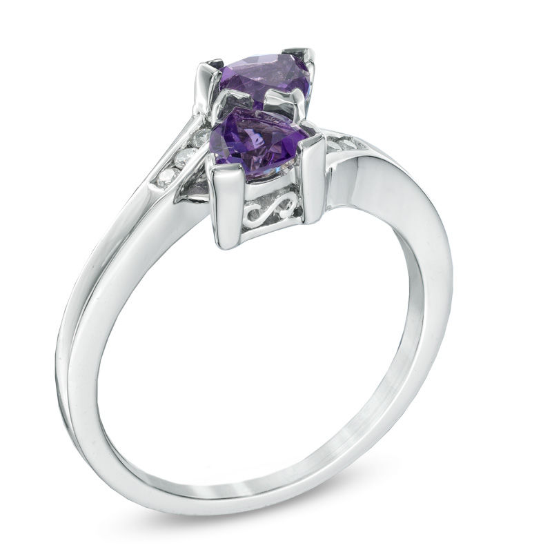 Previously Owned - 5.0mm Trillion-Cut Amethyst and 0.04 CT. T.W. Diamond Bypass Ring in Sterling Silver