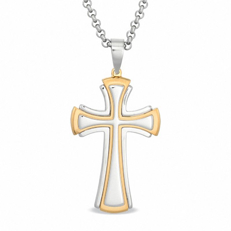 Main Image 1 of Previously Owned - Men's Stacked Cross Pendant in Two-Tone Stainless Steel - 24"