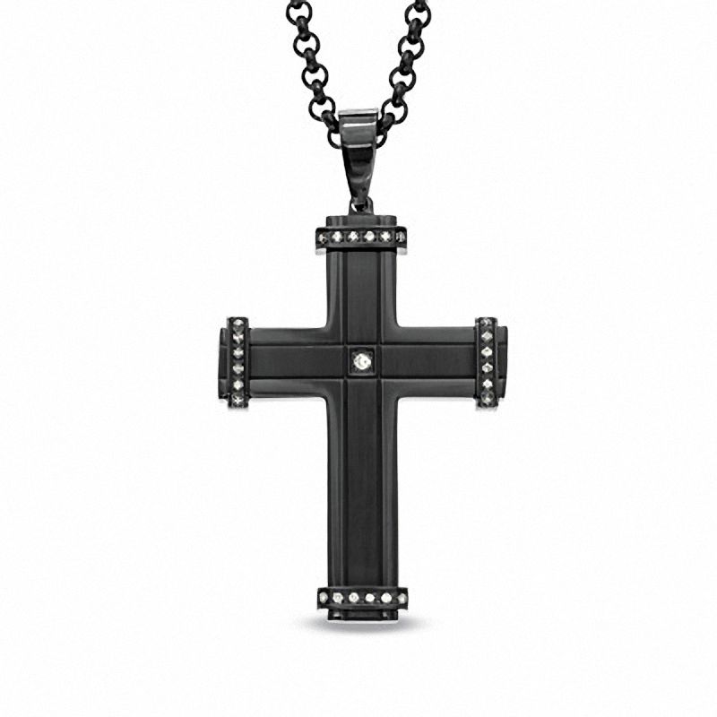 Previously Owned - Men's 0.15 CT. T.W. Diamond Cross Pendant in Black IP Stainless Steel - 24"