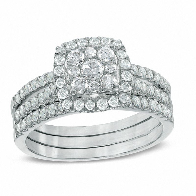 Main Image 1 of Previously Owned - 0.95 CT. T.W. Composite Diamond Frame Bridal Set in 10K White Gold
