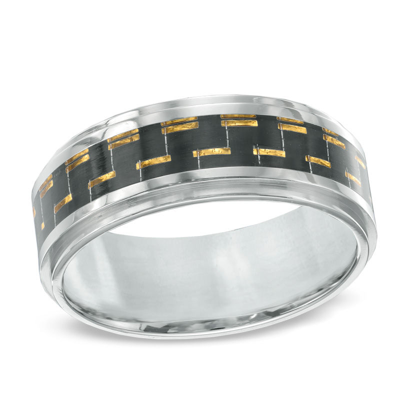 Previously Owned - Men's 9.0mm Two-Tone Carbon Fibre Comfort Fit Wedding Band in Stainless Steel