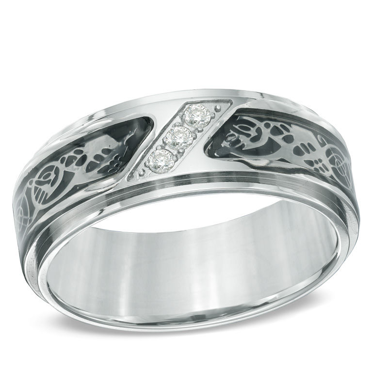 Main Image 1 of Previously Owned - Men's 0.10 CT. T.W. Diamond Tribal Wedding Band in Two-Tone Stainless Steel