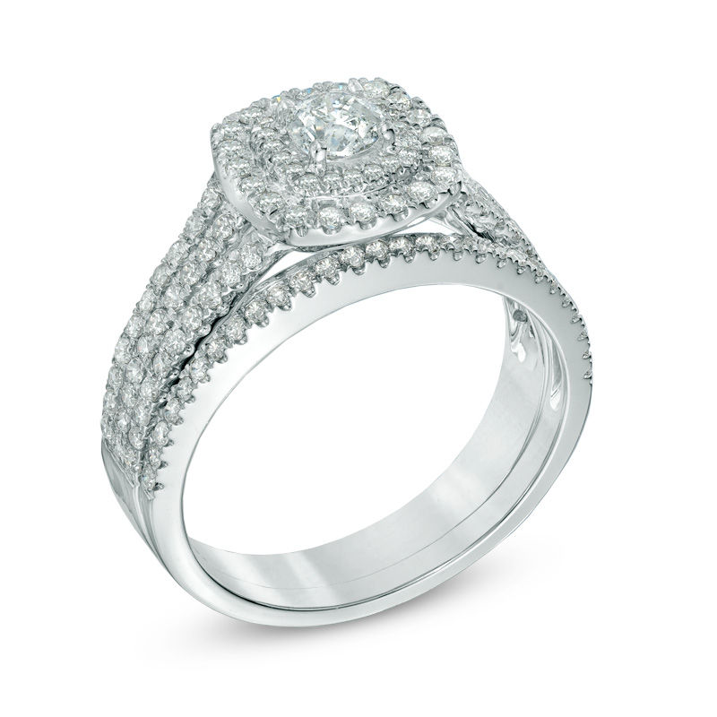 Main Image 2 of Previously Owned - 0.95 CT. T.W.   Diamond Double Square Frame Bridal Set in 14K White Gold (I/I2)