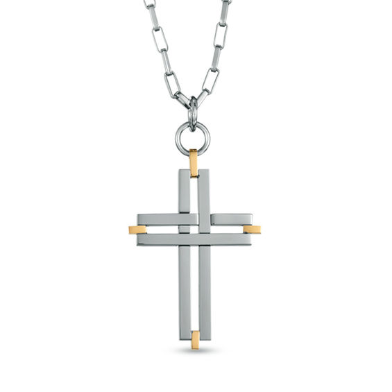 Previously Owned - Men's Cross Pendant in Two-Tone Stainless Steel - 24"