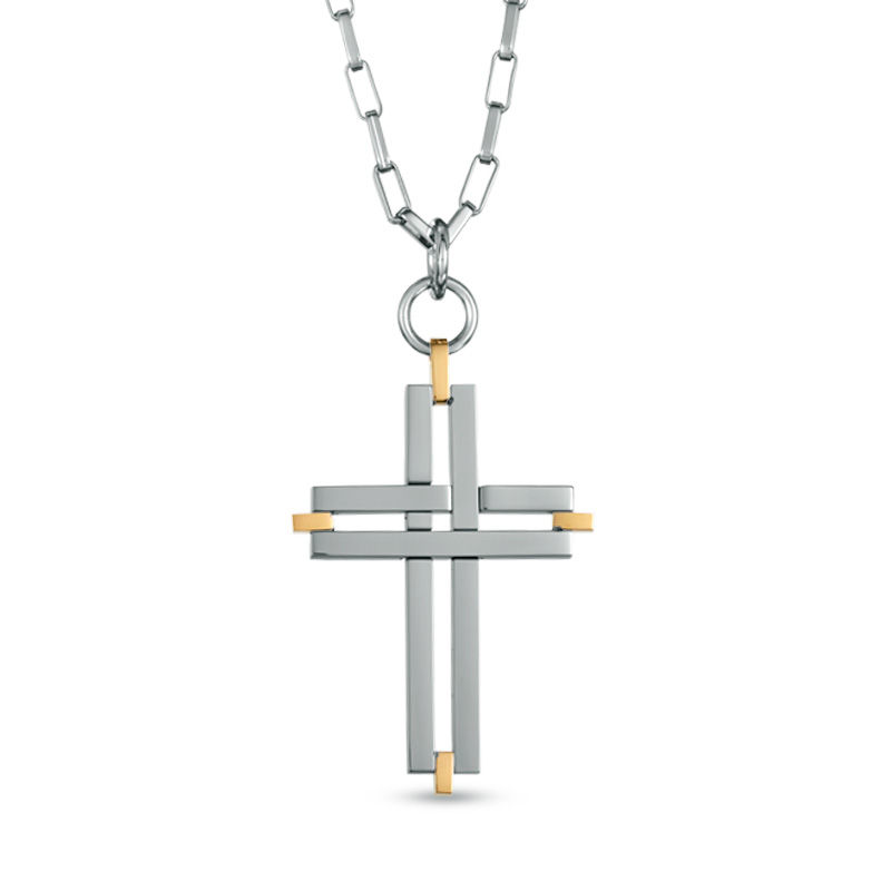 Previously Owned - Men's Cross Pendant in Two-Tone Stainless Steel - 24"