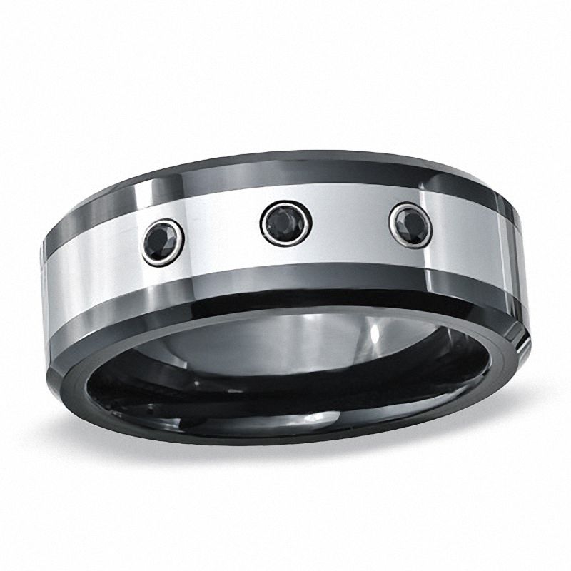 Previously Owned - Men's 0.09 CT. T.W Black Diamond Wedding Band in Tungsten and Ceramic