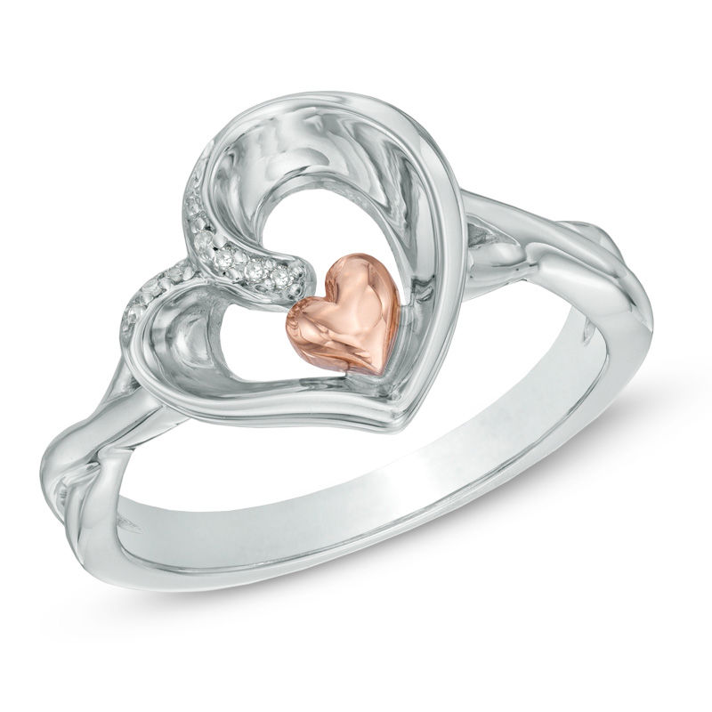 Previously Owned - The Heart Within™ Diamond Accent Tilted Heart Ring in Sterling Silver and 10K Rose Gold