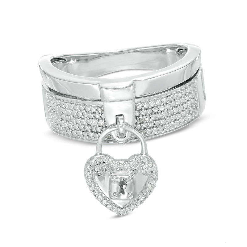 Previously Owned - Forever Locking Love™ 0.10 CT. T.W. Diamond Heart-Shaped Padlock Charm Dangle Ring in Sterling Silver