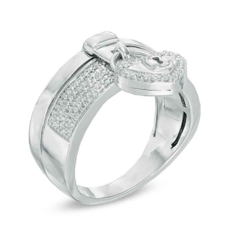 Previously Owned - Forever Locking Love™ 0.10 CT. T.W. Diamond Heart-Shaped Padlock Charm Dangle Ring in Sterling Silver