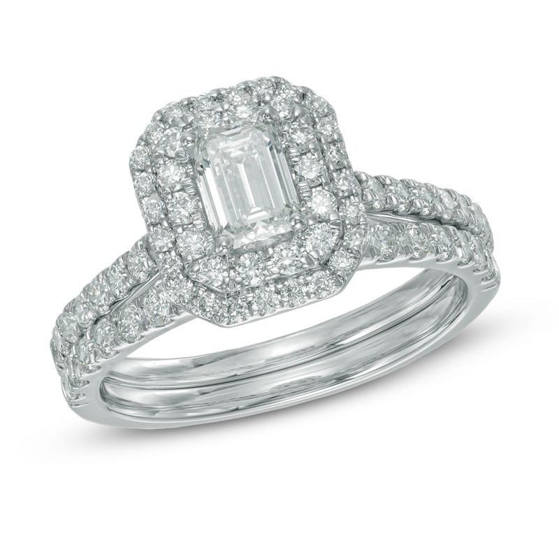 Previously Owned - 1.45 CT. T.W.  Canadian Emerald-Cut Diamond Double Frame Bridal Set in 14K White Gold (I/I1)