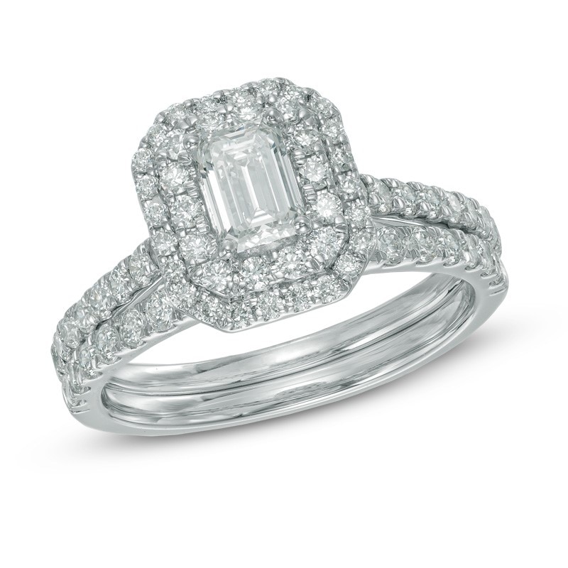 Main Image 1 of Previously Owned - 1.45 CT. T.W.   Emerald-Cut Diamond Double Frame Bridal Set in 14K White Gold (I/I1)