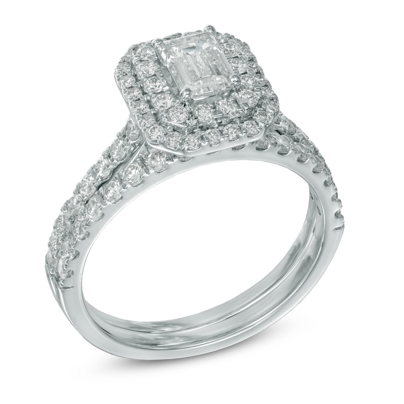 Main Image 2 of Previously Owned - 1.45 CT. T.W.   Emerald-Cut Diamond Double Frame Bridal Set in 14K White Gold (I/I1)