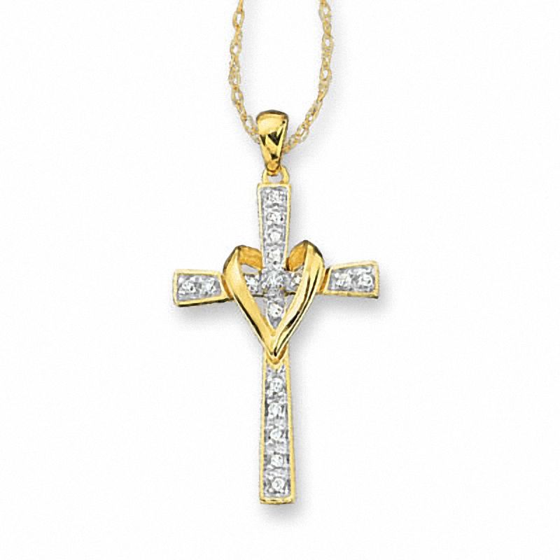 Main Image 1 of Previously Owned - 0.09 CT. T.W. Diamond Cross and Heart Pendant in 10K Gold